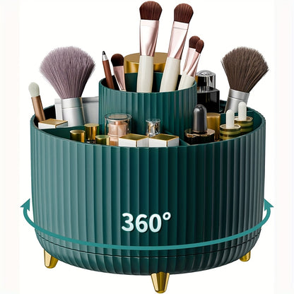 360° Rotating Makeup Organizer with 5 compartments for brushes, lipsticks, skincare, and stationery. Durable unscented desk caddy with luxury stripe design.