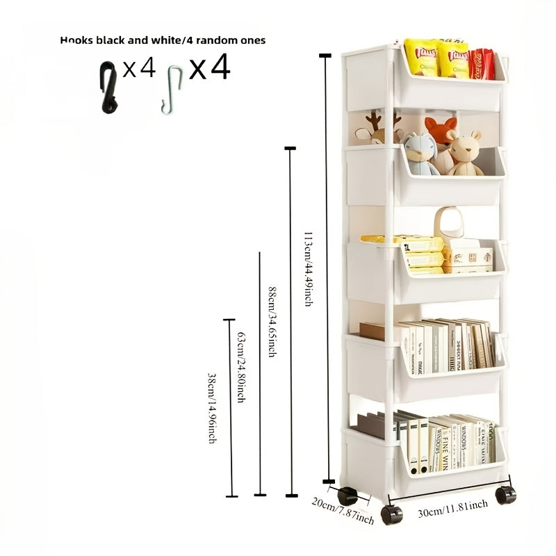 Multi-layer trolley shelf for floor-to-ceiling storage of snacks, fruits, vegetables, and books. Made of durable plastic, no batteries needed.