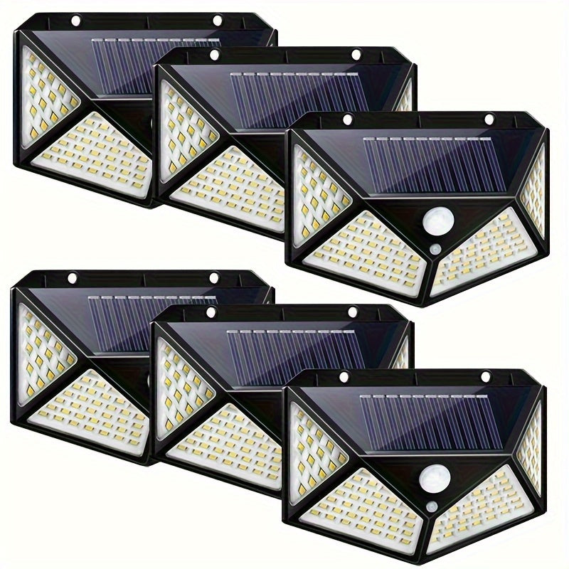 6 pieces of outdoor solar wall lights with 100 LED bulbs, featuring human body sensing technology for garden lighting.