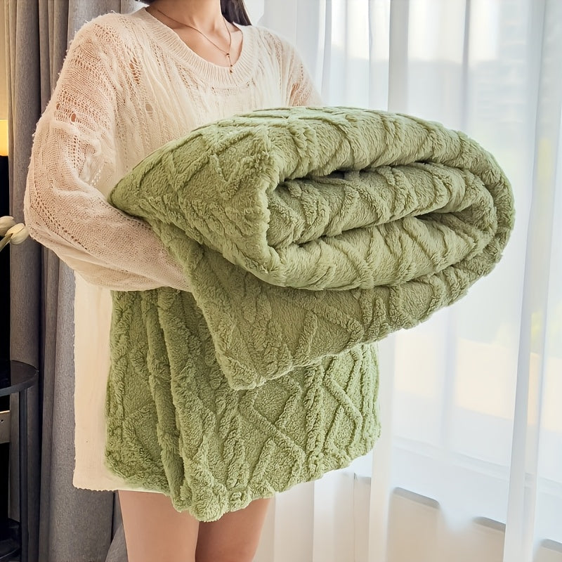 Stay warm and cozy with the LARMPAT Cozy Taffeta Blanket. This soft and warm beige blanket features geometric patterns and is machine washable for easy care. Perfect for all seasons, this blanket is suitable for use on your bed, sofa, or even while