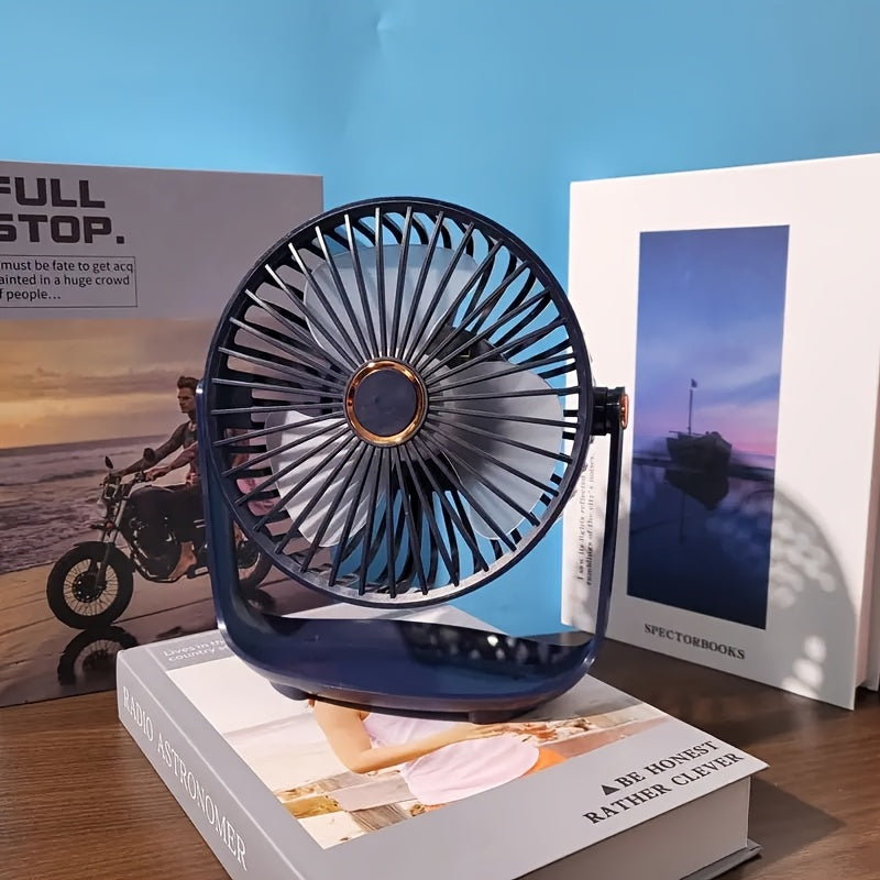 Mini desktop fan with night light, USB rechargeable and 5-speed settings. Perfect for home, office, bedroom, dorm, and more. Great for indoor and outdoor use. Makes a practical gift for summer, school, birthdays, Christmas, fishing, camping, and travel.