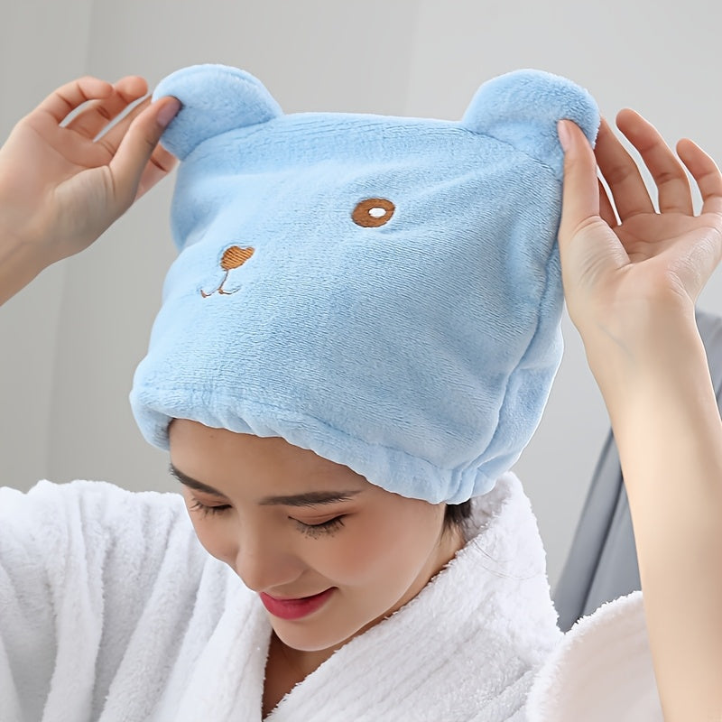 Modern cartoon bear hair towel made of thickened coral fleece, absorbent, fade resistant, lightweight quick-dry cap.