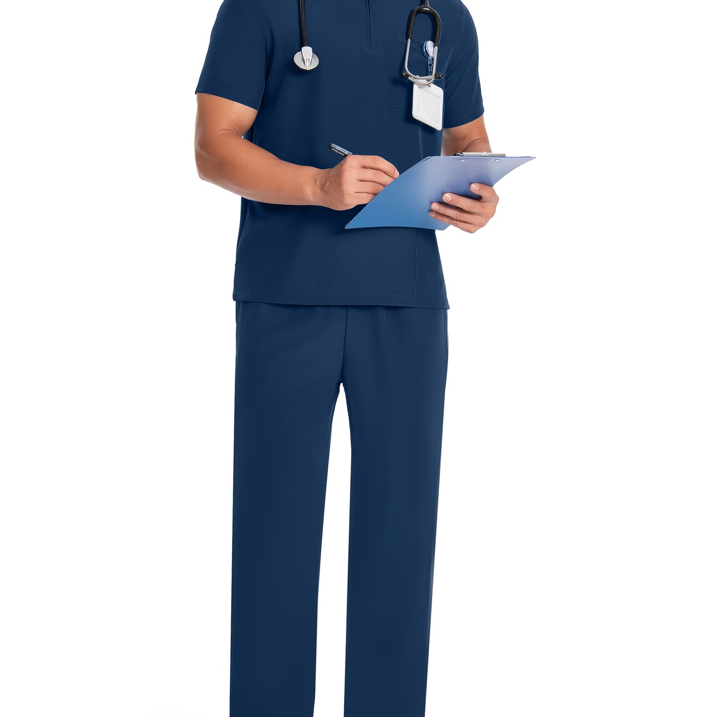 Men's Polyester V-Neck Scrub Set with Short Sleeves, Solid Color, Zipper Detail, and Elastic Waistband Pockets for Healthcare, Lab, Pet Grooming Uniforms.