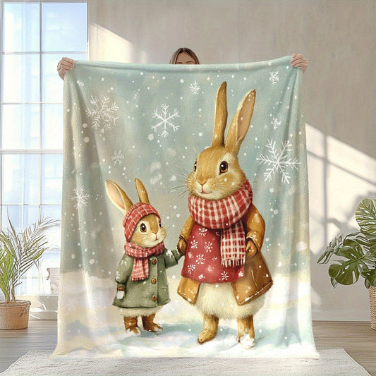 Stay warm and cozy in any season with this adorable rabbit-themed fleece throw blanket. Its soft and lightweight design makes it perfect for naps, travel, or adding a touch of charm to your home office decor. It also makes an ideal gift for friends and