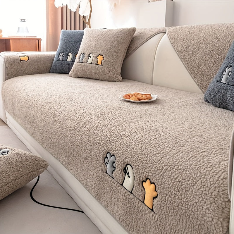 Plush Shearling Sofa Cover with Animal Embroidery - Pet-Friendly, Non-Slip Protector for All Sofa Sizes - Soft Decor for Living Room, Bedroom, Office.