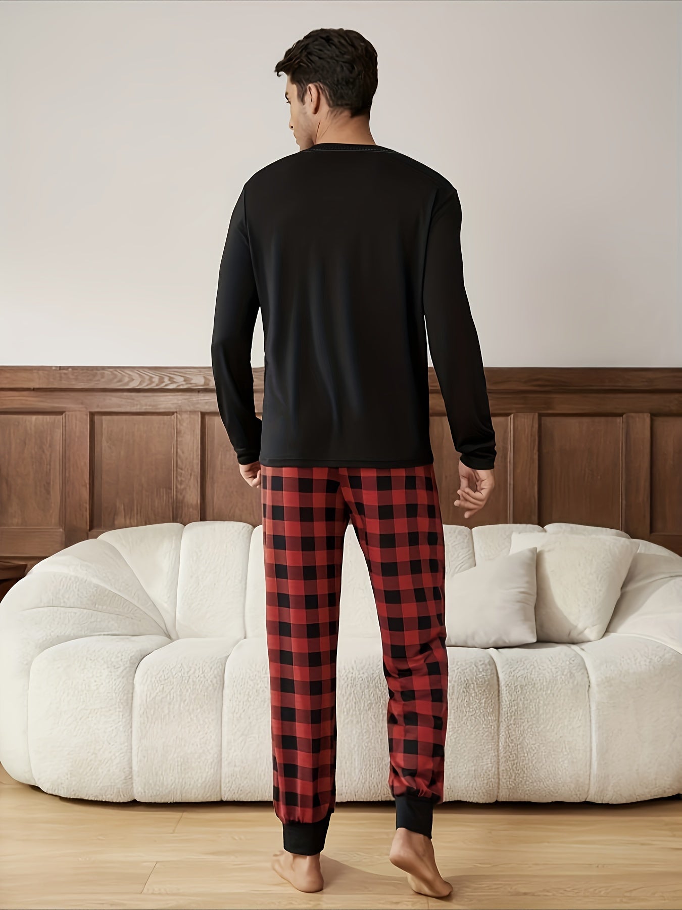 Men's Long Sleeve Plaid Pajama Set in Regular Fit made of Knitted Polyester Fabric with Round Neck, Stretchy, with Pockets for Autumn/Winter