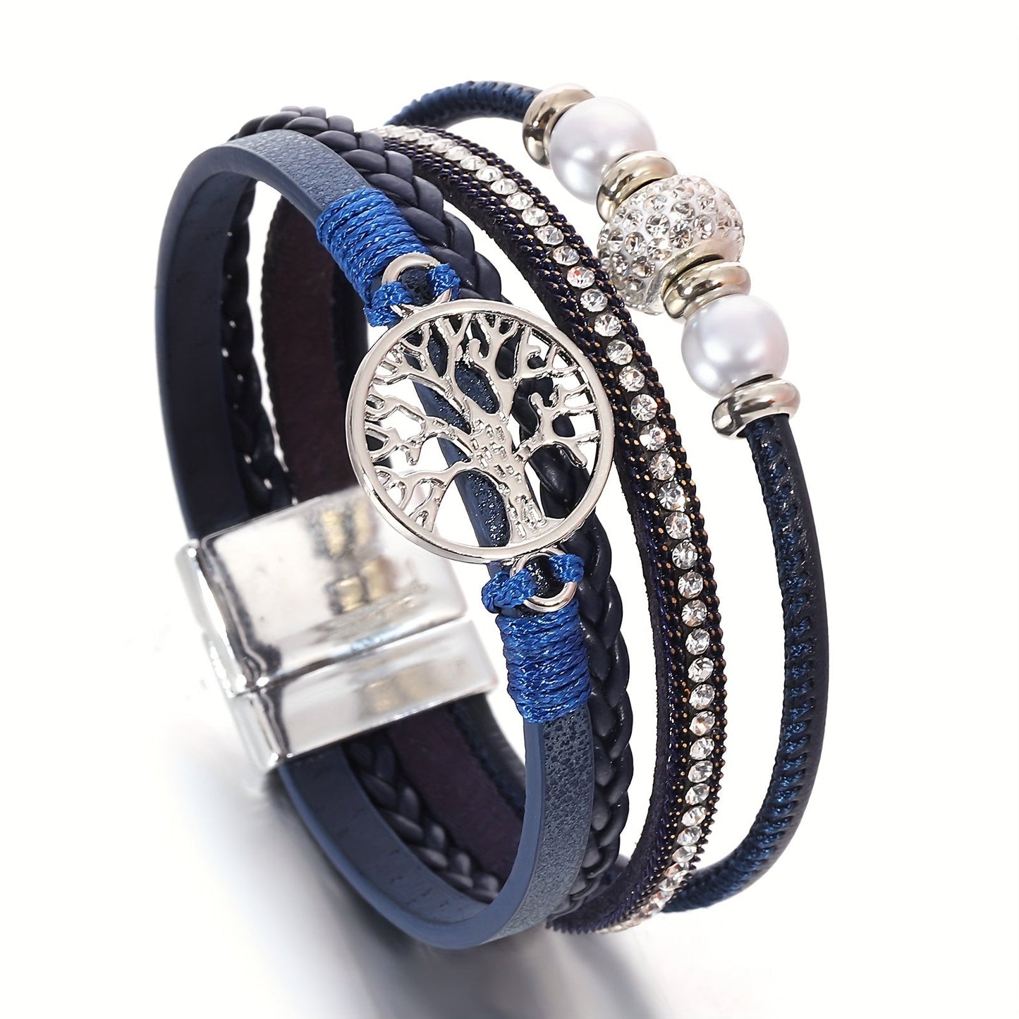 Chic Multi-Layer Faux Leather Wristband with Tree of Life Charm and Sparkling Rhinestones, Perfect for Everyday Wear or as a Thoughtful Birthday/Friendship Gift - Set of One