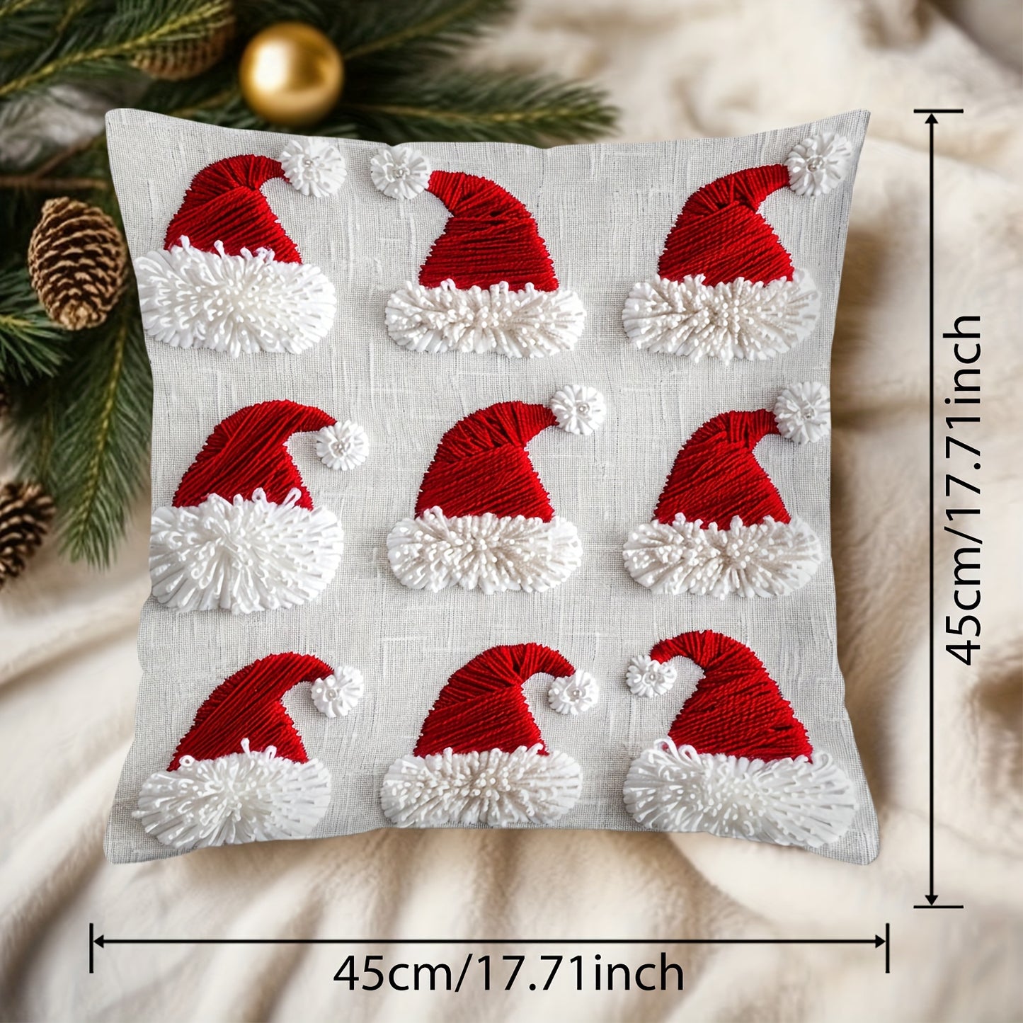 Christmas Santa hat design throw cushion cover, single sided, hand wash only, 44.96x44.96 cm, zipper closure, 100% polyester, festive weave, no insert.