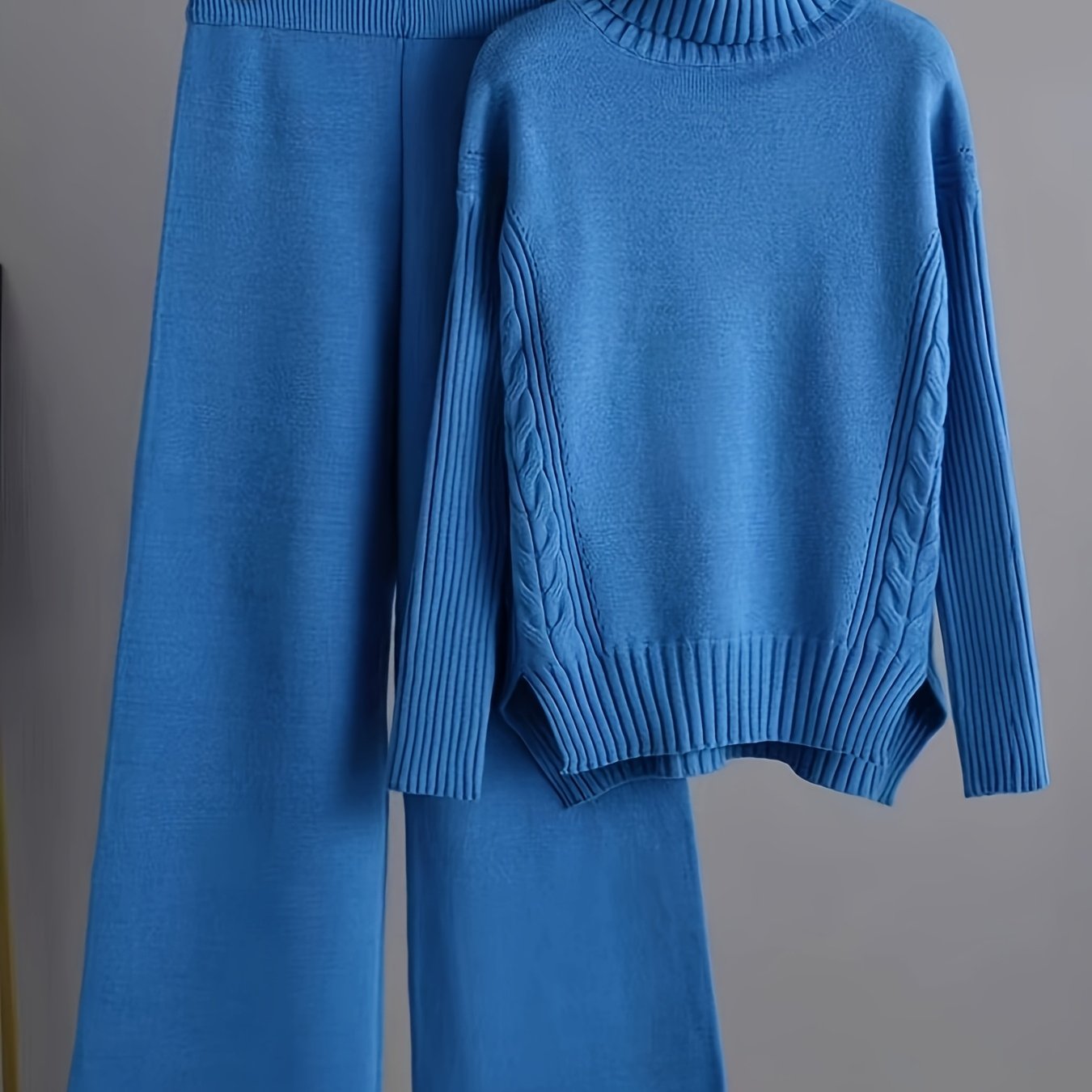 Women's high neck knit pullover sweater and straight leg pants set, made of 100% polyester with slight stretch, suitable for all seasons, featuring a solid color design.