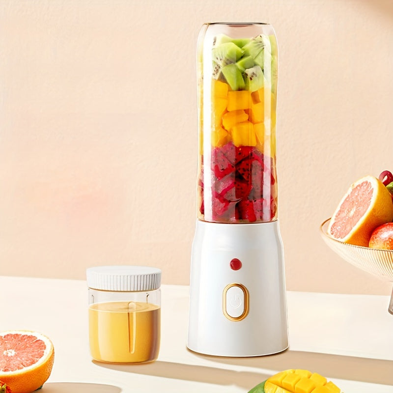 Portable USB charging juice cup with double cup option, blender, and optional juicer. Ideal for students and home use, this multifunctional juicer also doubles as a complementary food cup. Package includes 3 pieces.