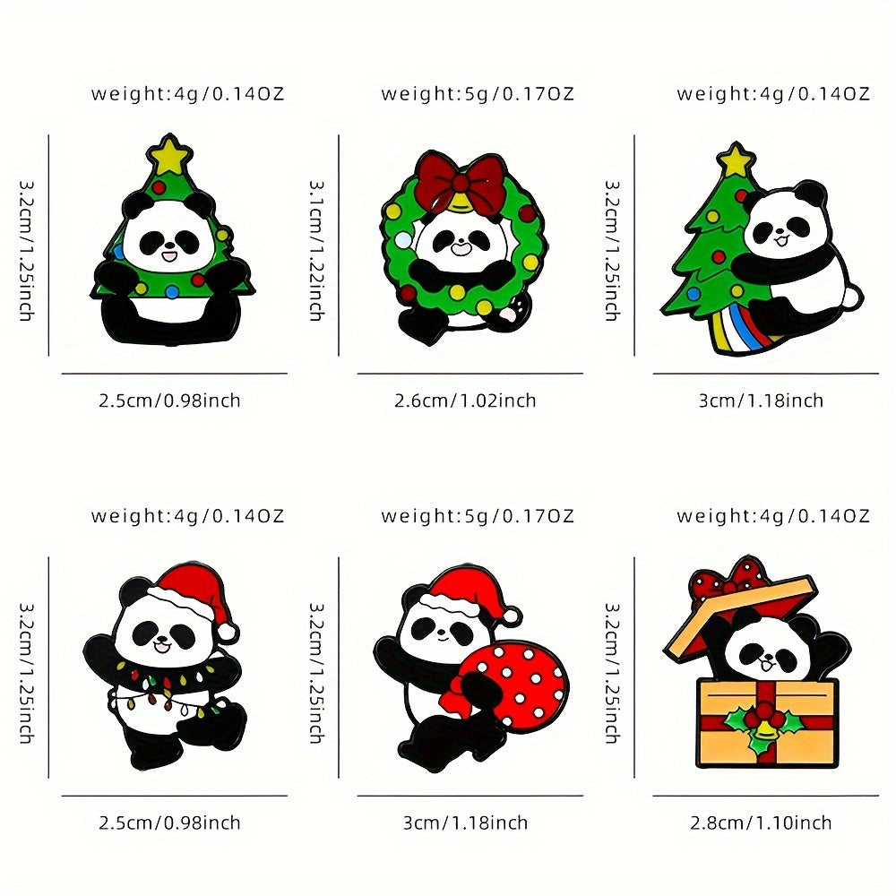 Set of 6 adorable enamel pins featuring cute cartoon pandas, made of durable alloy in animal shapes. Perfect for adding a touch of holiday cheer with novelty Christmas themed lapel badges. These decorative ornaments are great for accessorizing bags and