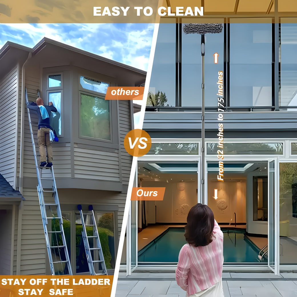 Window cleaner kit with washer, squeegee, microfiber cloth, stainless steel handle, resin head, and 59.74-meter reach, available in 5 colors. No electricity needed.