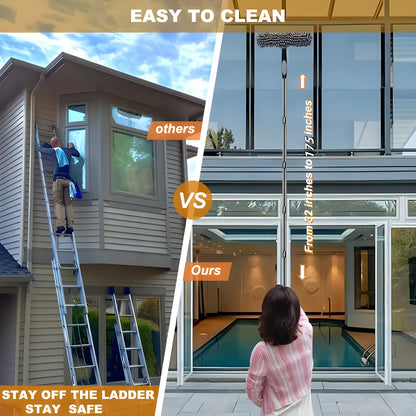 Window cleaner kit with washer, squeegee, microfiber cloth, stainless steel handle, resin head, and 59.74-meter reach, available in 5 colors. No electricity needed.