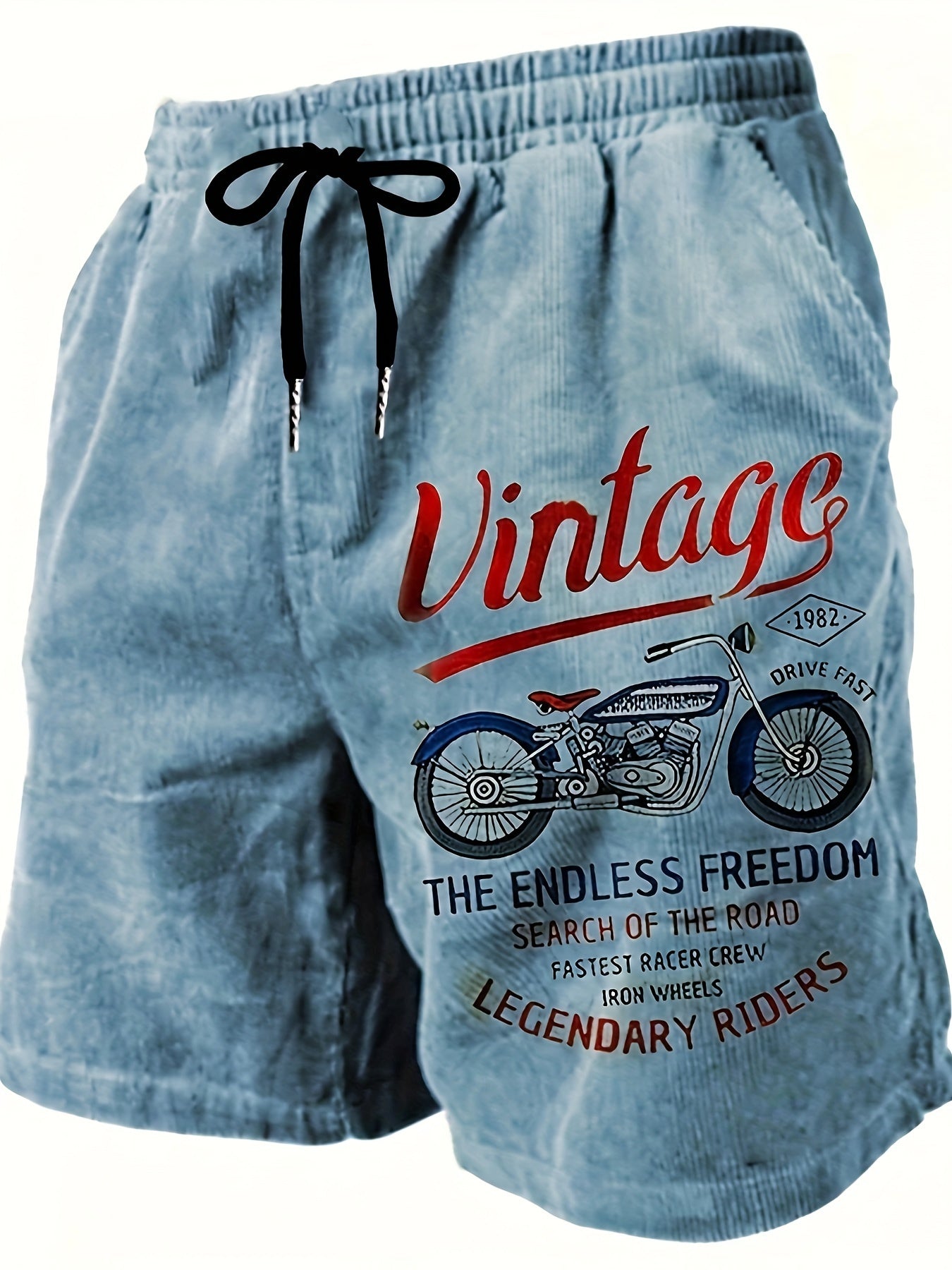 Men's vintage motorcycle print beach shorts in light blue denim-like fabric with drawstring waist and loose fit for summer outings, beach, or festivals. Adjustable and relaxed fit polyester