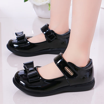 Women's Retro Preppy Style Flats with Hook-and-loop Fastener Closure, Glossy Black Mary Jane Shoes for Weddings, Parties, and School Events.