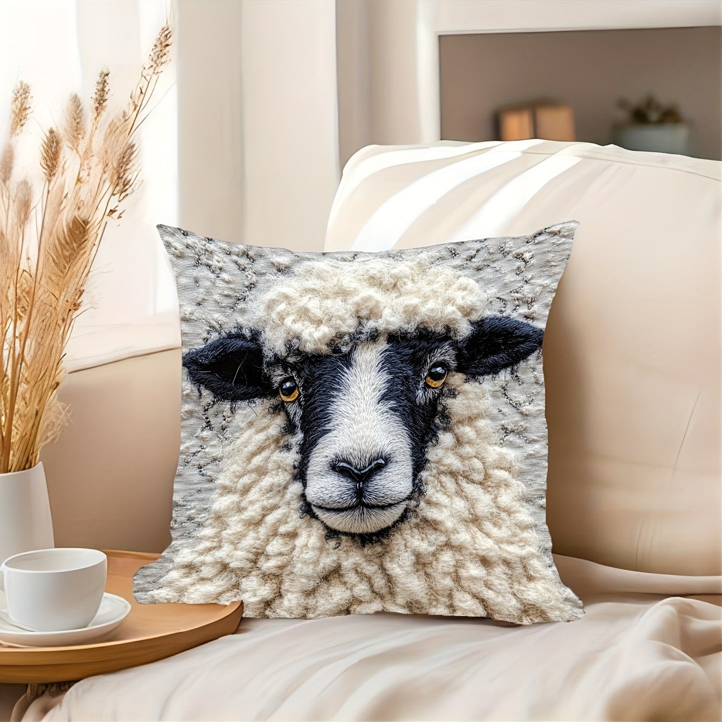 Retro farm animal design pillowcase featuring fluffy black nose sheep. Suitable for sofa, living room, bedroom, or office. Single side print, machine washable with zipper closure. 45.72x45.72cm, no pillow core included. Made of peach skin material.