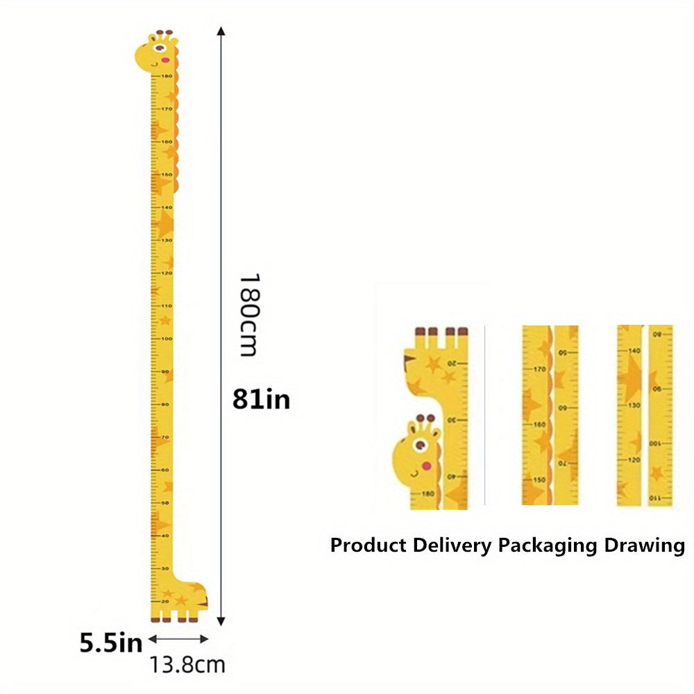 Cute yellow giraffe height chart sticker with colorful tail. Easy to peel and stick. Ideal for kids' rooms or classrooms.