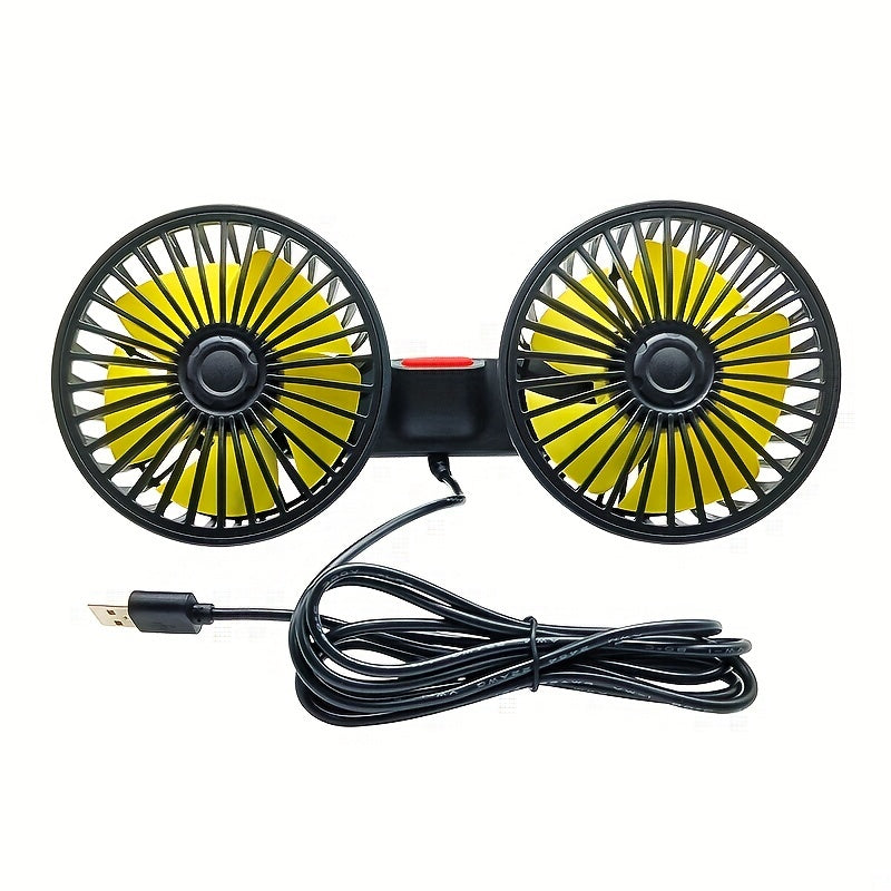 This car fan features dual-head rear fans that provide powerful airflow with 3-speed settings and 5 blades. It has an adjustable angle with 360-degree rotation for high air volume and low noise operation. The fan effectively promotes air circulation