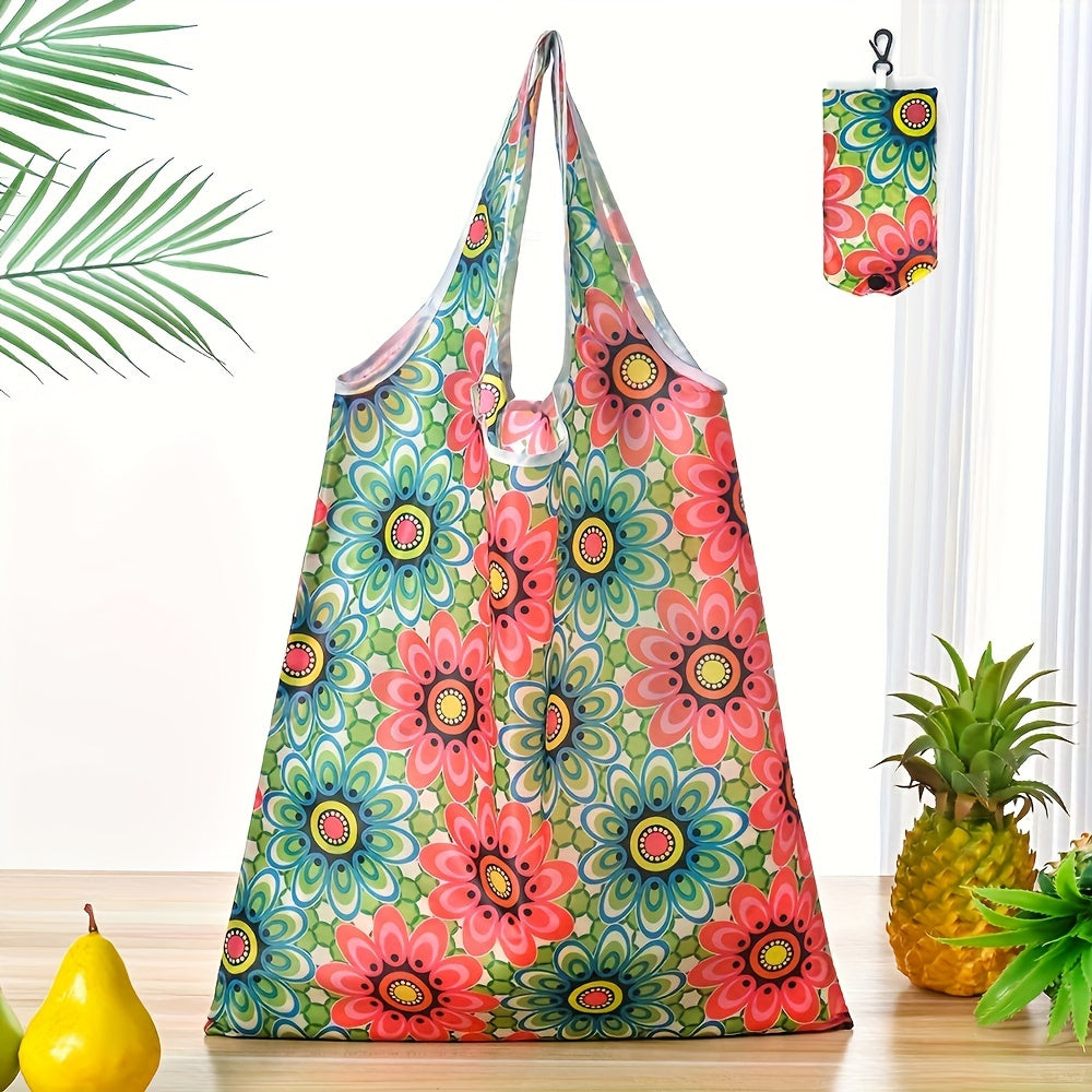 Large Foldable Tote Bag with Vibrant Floral Pattern, Made of Durable Polyester, Ideal for Outdoor Activities - Includes Shoulder Straps and Carabiner Closure, Great for Shopping and Reusable.