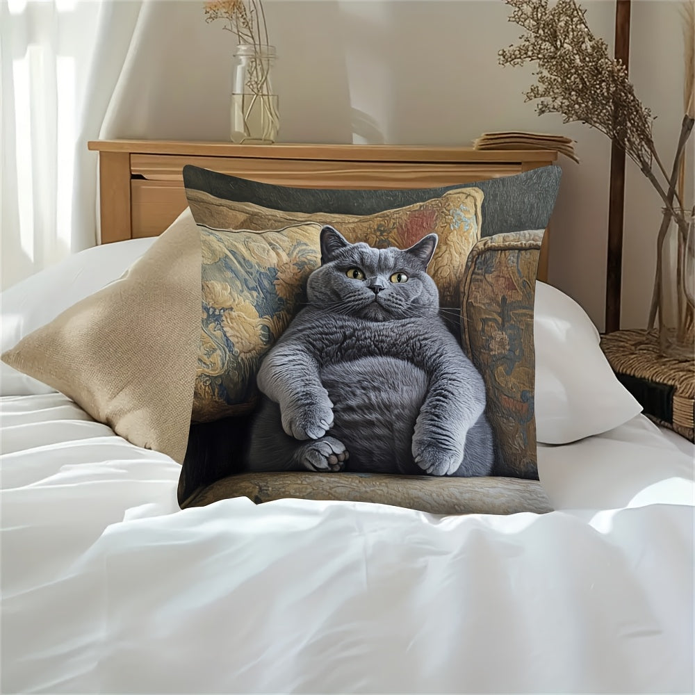 One British Shorthair Cat Sofa Throw Pillow Cover made of woven polyester. This soft and zippered cover is washable and features a single-sided print. Perfect for the 14+ age group, this decorative cushion case is designed for use in the living room and