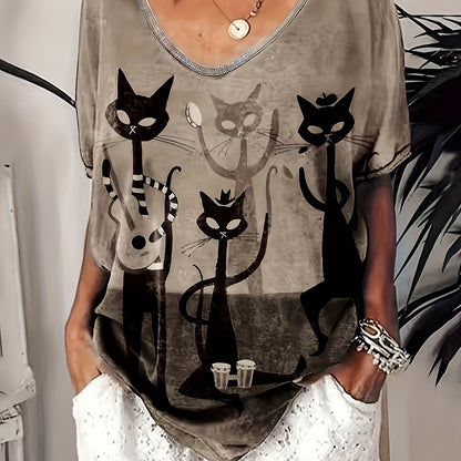 Women's oversized V-neck t-shirt with elegant cartoon cat print, made of 95% polyester and 5% elastane. It has medium stretch, short sleeves, and is made of all-season knit fabric.