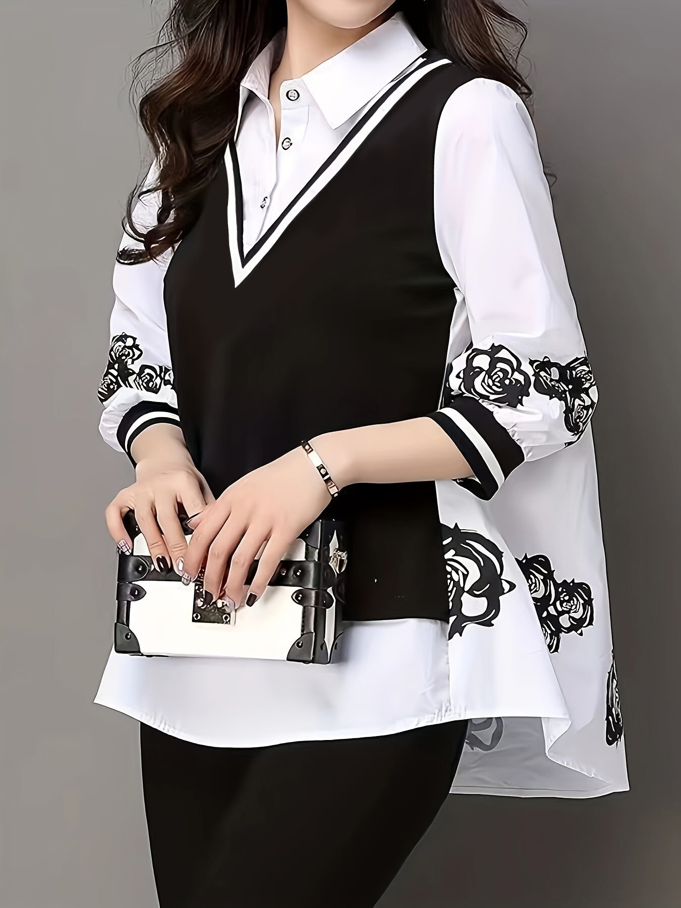 Stylish white and black chiffon shirt with random print design, featuring a unique fake two-piece design for a high-end look.