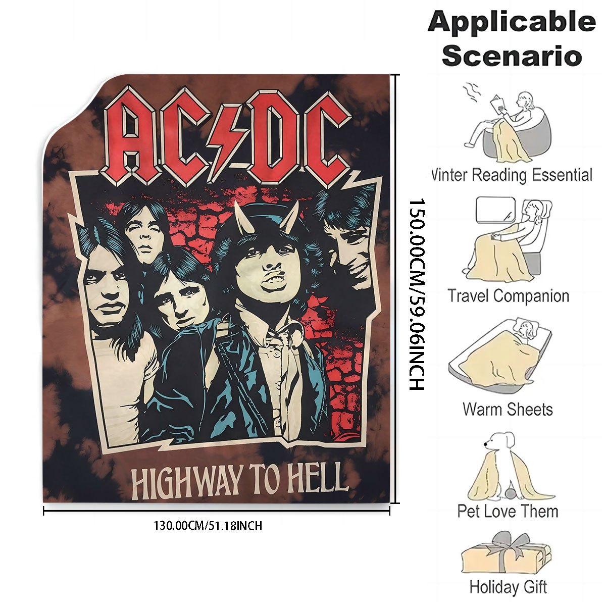 Stay warm and rock out with this AC/DC "Highway to Hell" flannel throw blanket! Featuring a cozy and allergy-friendly digital print with vibrant colors, this blanket is perfect for the bedroom, living room, or sofa. An ideal gift for music fans