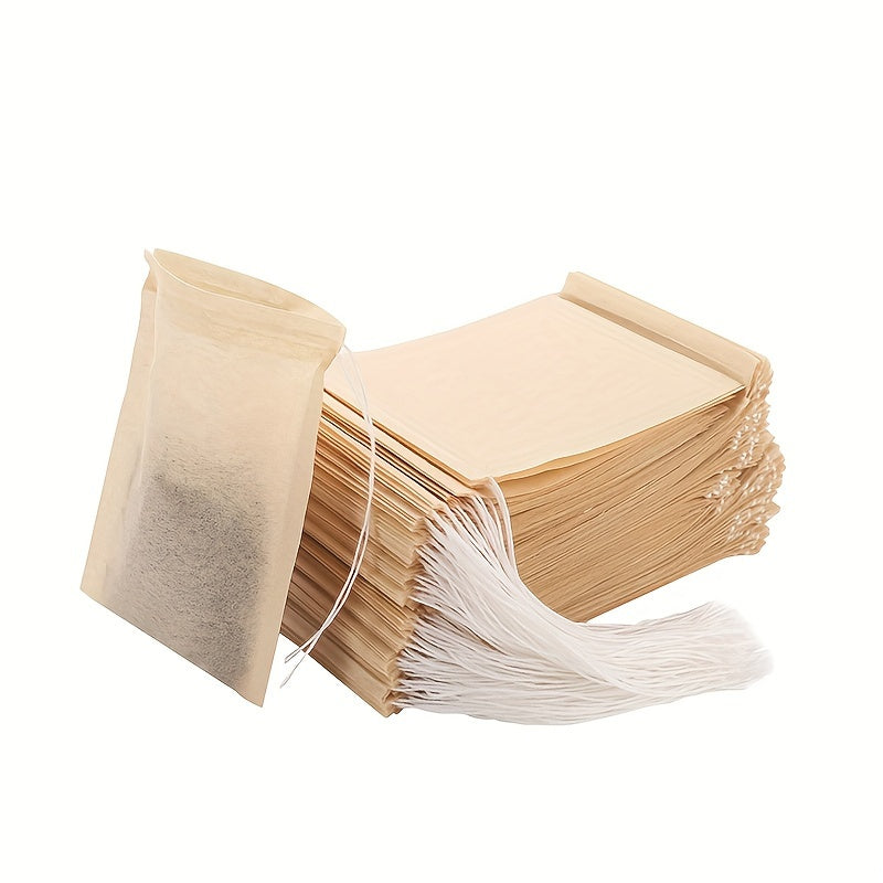 Disposable paper tea filter bags with drawstring, unbleached and safe for loose leaf tea and coffee. These 100pcs tea infuser sachets are made with strong penetration for easy brewing.