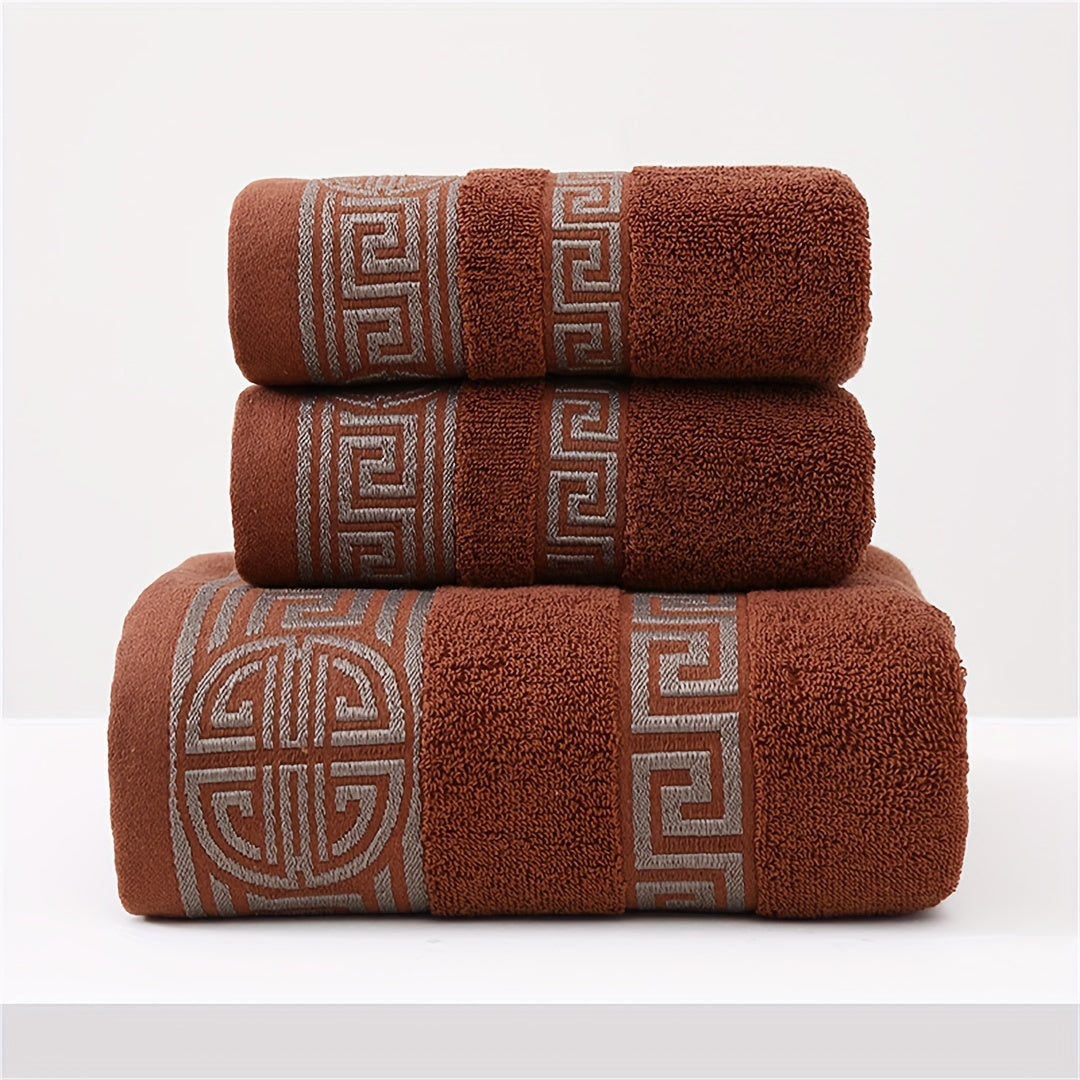 Velvet towel set includes 1 bath towel and 2 hand towels in gsm450, Regular thickness, Pure cotton with geometric pattern. High absorbency and softness in dark colors including black, purple, blue, coffee, and white. Suitable for bathroom, travel