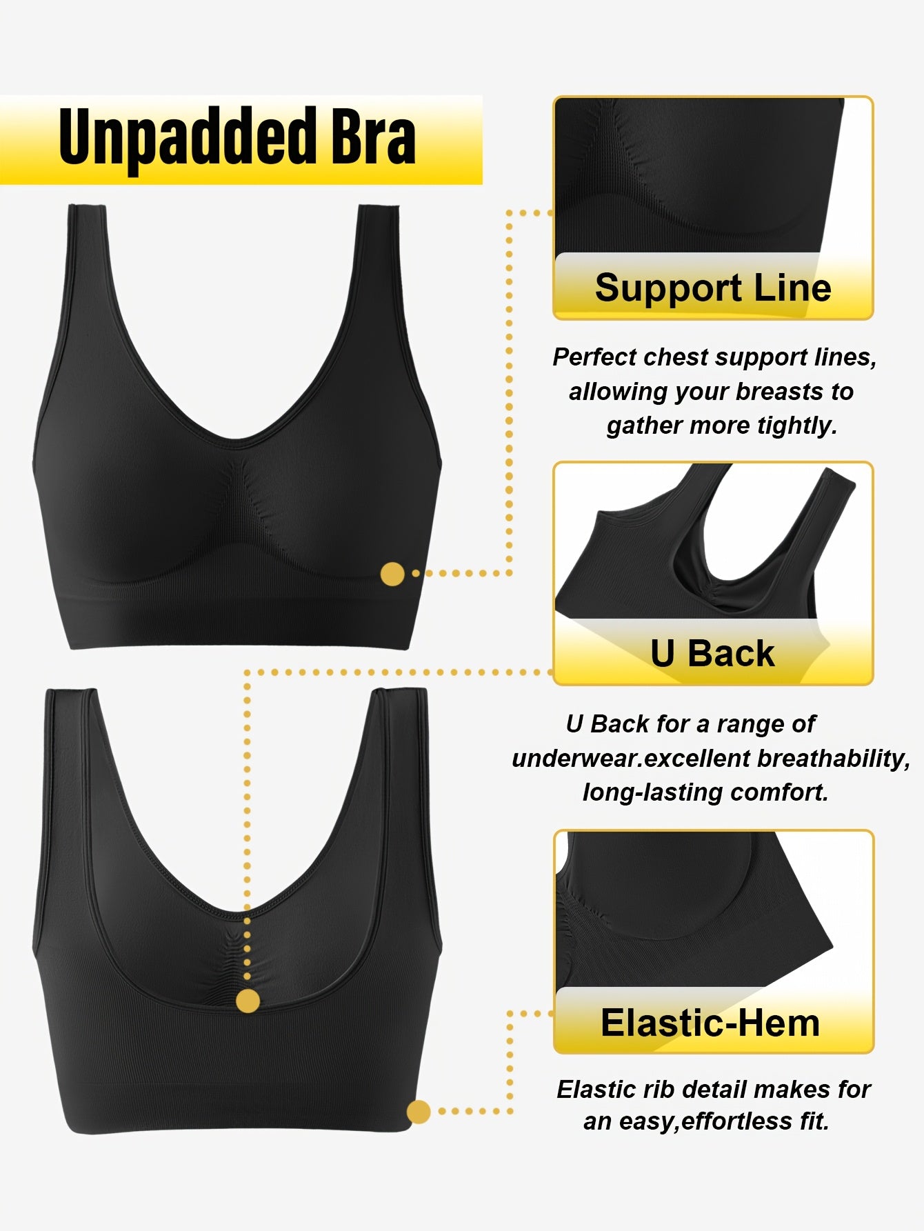 10-Pack of seamless, high-elasticity bras and breathable sleep tank tops in a U-back style. Made of 90% polyamide and 10% elastane knit fabric, these versatile women's underwear come in