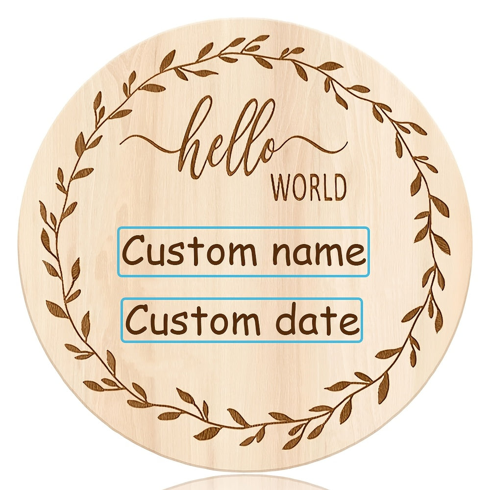 Customized Wooden "Hello World" Announcement Sign with the option for a Handprint or Footprint, a Round Birth Announcement Plaque for Photo Prop, and a Personalized Milestone Keepsake.