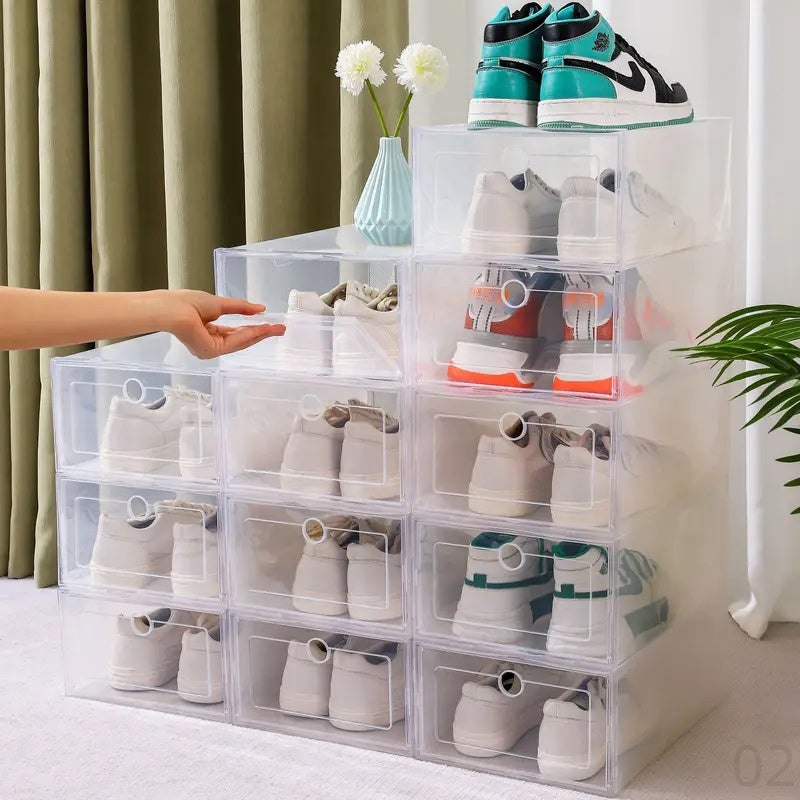 6 transparent shoe box storage containers offer dust and moisture protection, ideal for organizing and storing shoes while conserving space in your shoe cabinet.