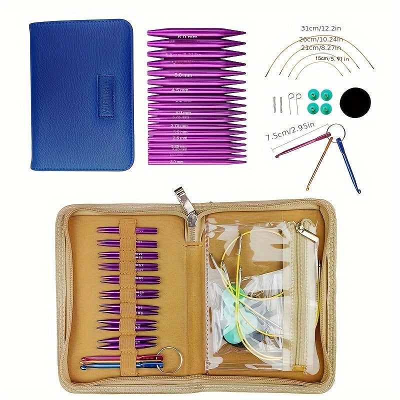 Mini circular needle set with 12 detachable needles ranging from 3.0-8.0mm, in a 5.5cm PU bag.