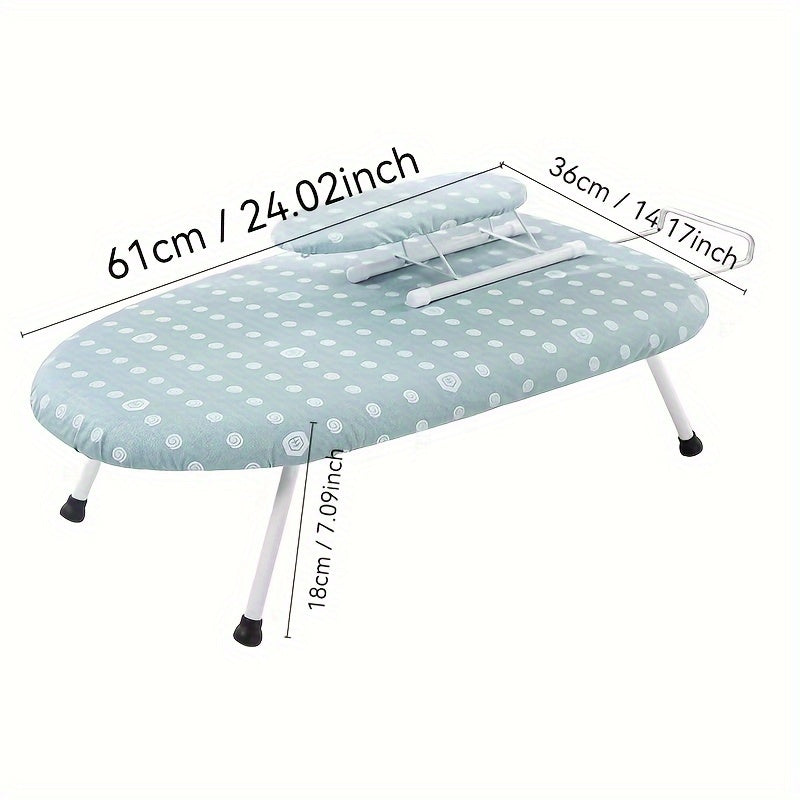 Space-saving foldable ironing board, ideal for home and office use, made of stainless steel and plastic materials.