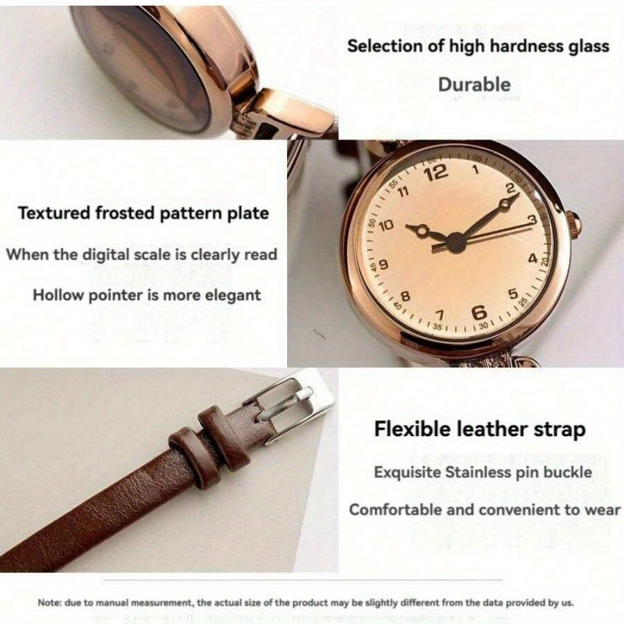 Elegant vintage-inspired women's watch with quartz movement and synthetic leather strap, non-rechargeable button battery.