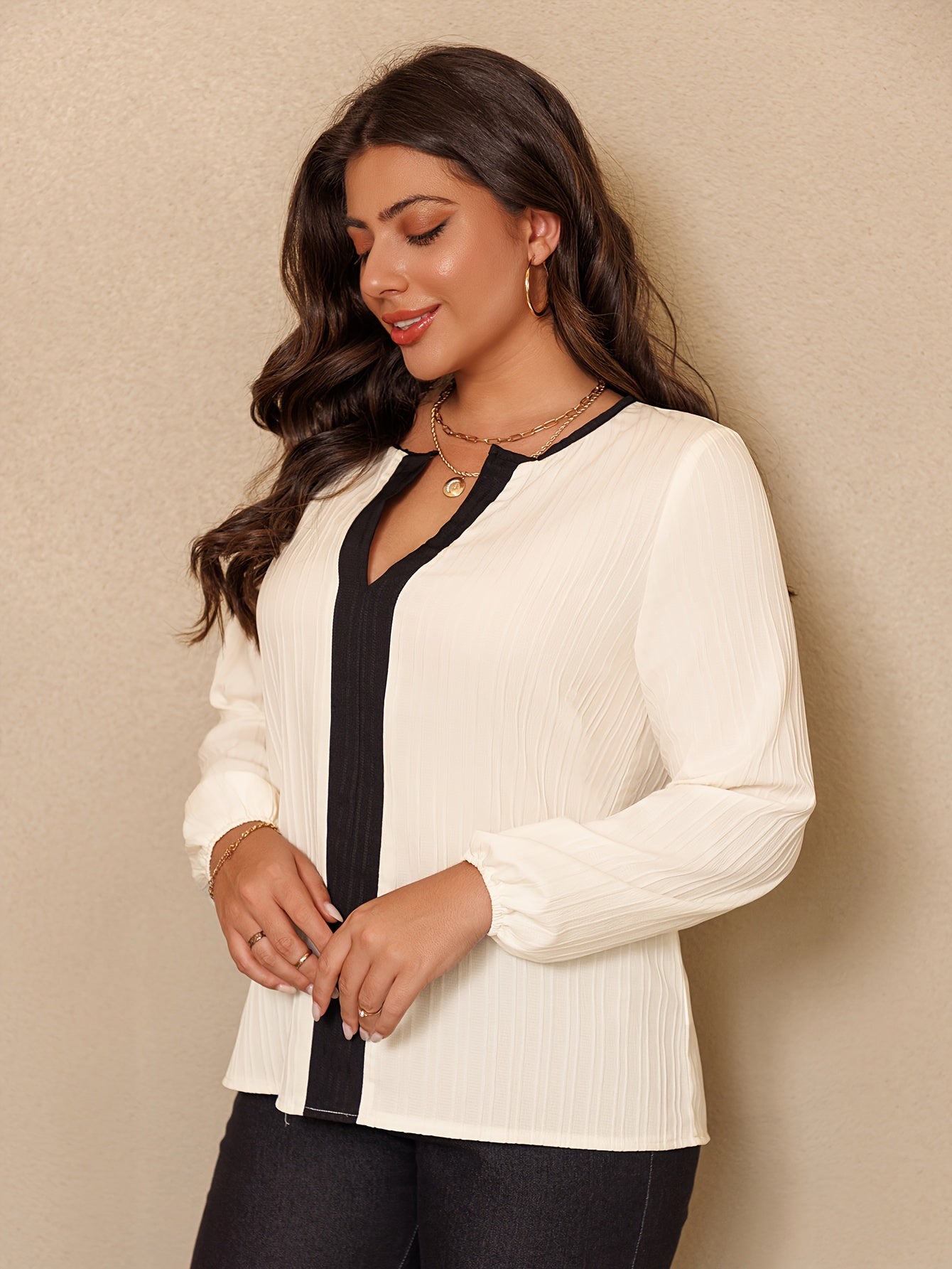 Textured blouse with contrast trim and notched neck, perfect for spring and fall, plus size women's clothing