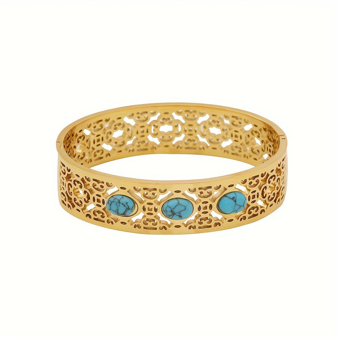 1pc of Vintage Style 18K Golden Plated Stainless Steel Bracelet featuring Turquoise Inlay and Hollow Pattern Design, specially designed for women as a Daily Wear Jewelry piece. This bracelet is the perfect Valentine's Day Gift.