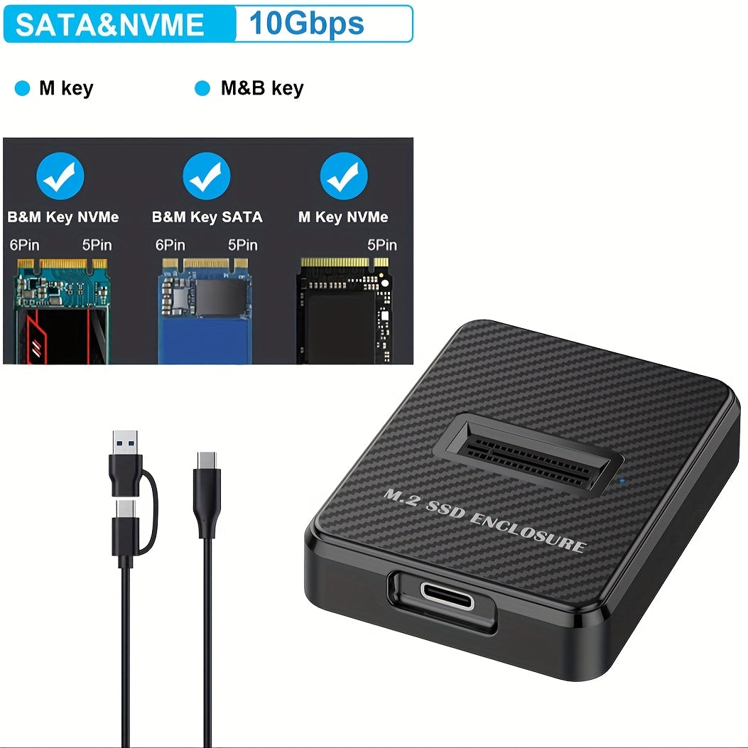 High-Speed M.2 NVMe & SATA to USB-C Docking Station - Tool-free adapter for 2230/2242/2260/2280 sizes. Includes A-C to USB-C cable. Compatible with Windows, Mac OS, Linux. Durable ABS