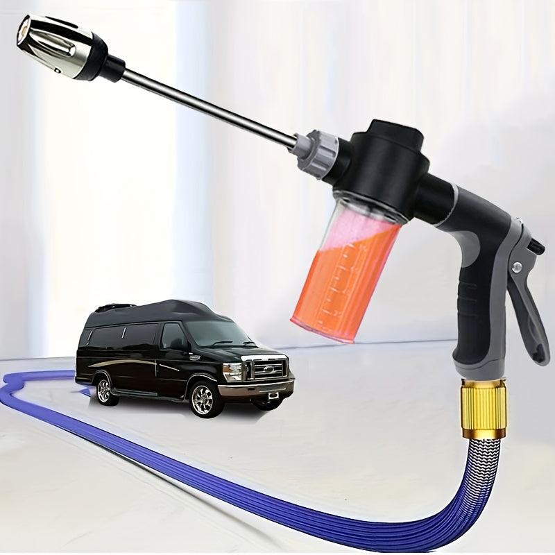 Durable high-pressure sprayer with foam bottle for versatile use on motorcycles, home, and garden. Long rod nozzle for efficient cleaning and irrigation.