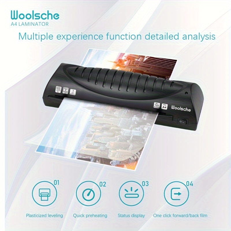 Woolsche A4 Laminator seals photos and documents quickly, ideal for home and small business use. It has a sleek black design and is easy to operate.