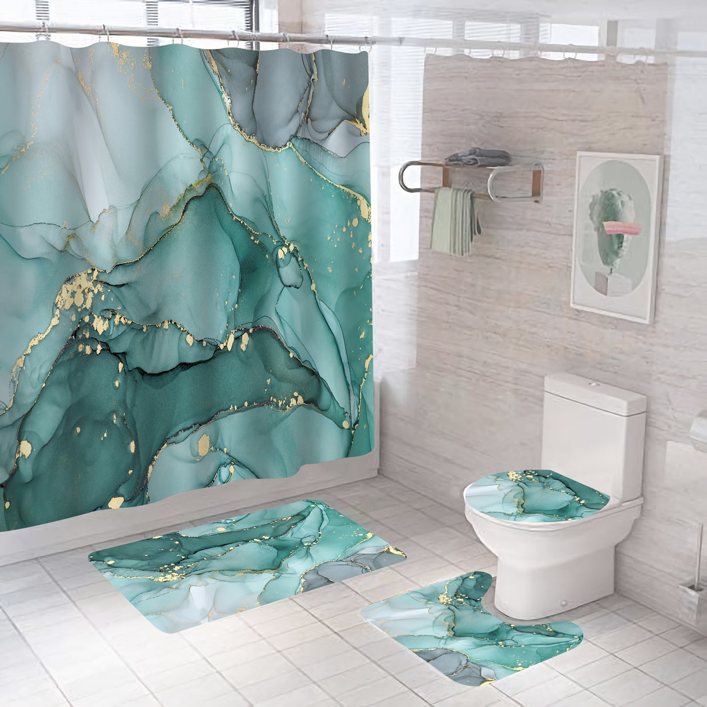 Teal Marble Pattern Shower Curtain Set with Mats and Hooks, Waterproof and Aesthetic Bathroom Decor