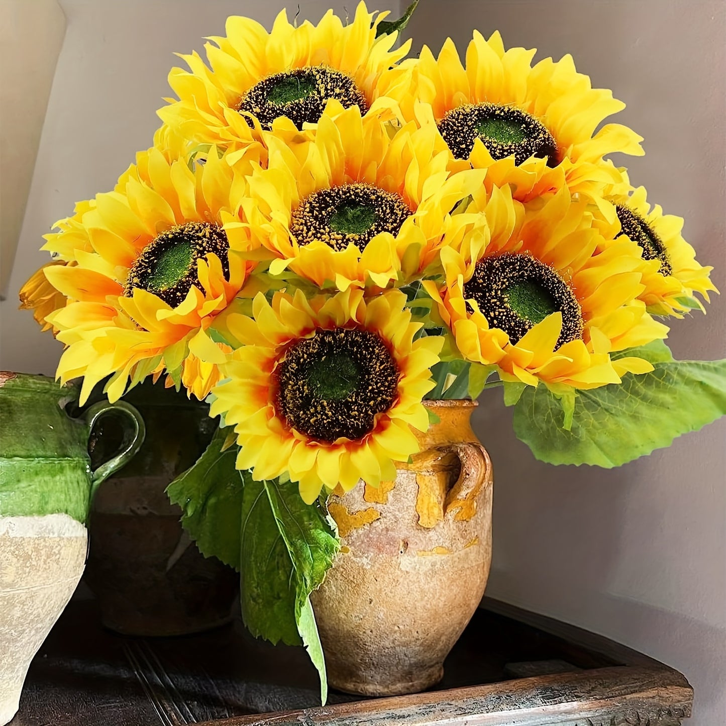 8-piece vibrant yellow sunflower bouquet for Thanksgiving, Christmas, autumn weddings, and home decor. Made from real touch silk artificial flowers.