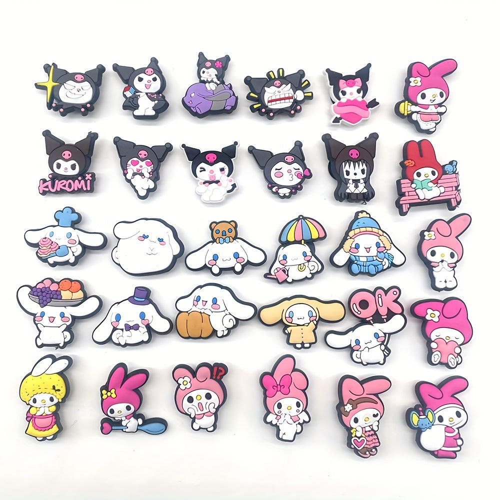 Set of 30 Kuromi, Cinnamoroll, and Melody shoe charms for DIY sandals decoration. Detachable buckles to accessorize your footwear.