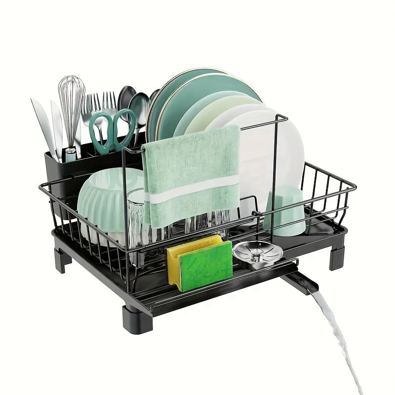 Single layer dish drying rack with utensil holder and drain spout, designed for kitchen countertop and sink. This large capacity dish rack is compact and efficient, perfect for organizing and storing kitchen accessories.