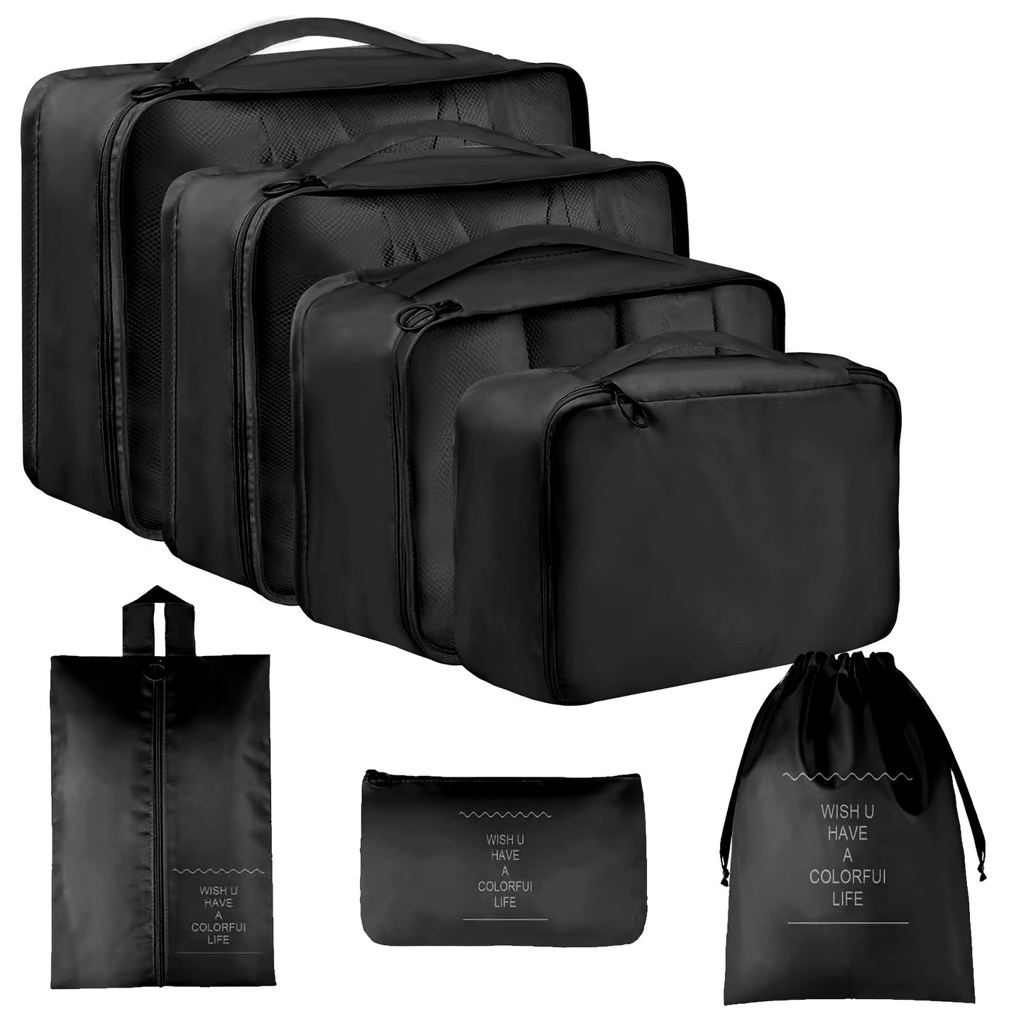 7-piece set of polyester travel organizer bags for large capacity luggage sorting and clothes storage.