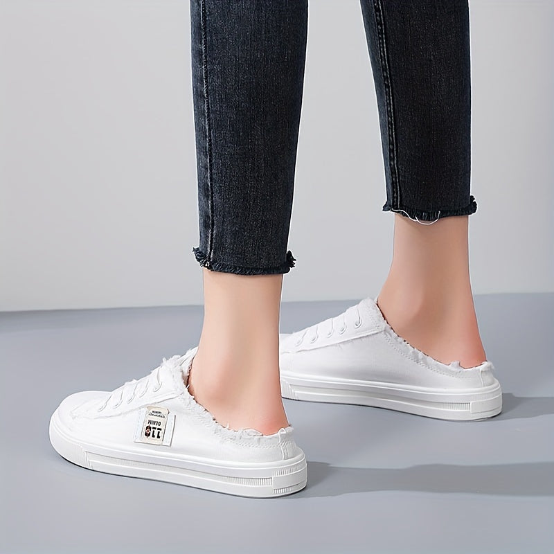 Women's loafers and couple's white shoes, flat slip-on half shoes for men, fashionable and simple all-match design.