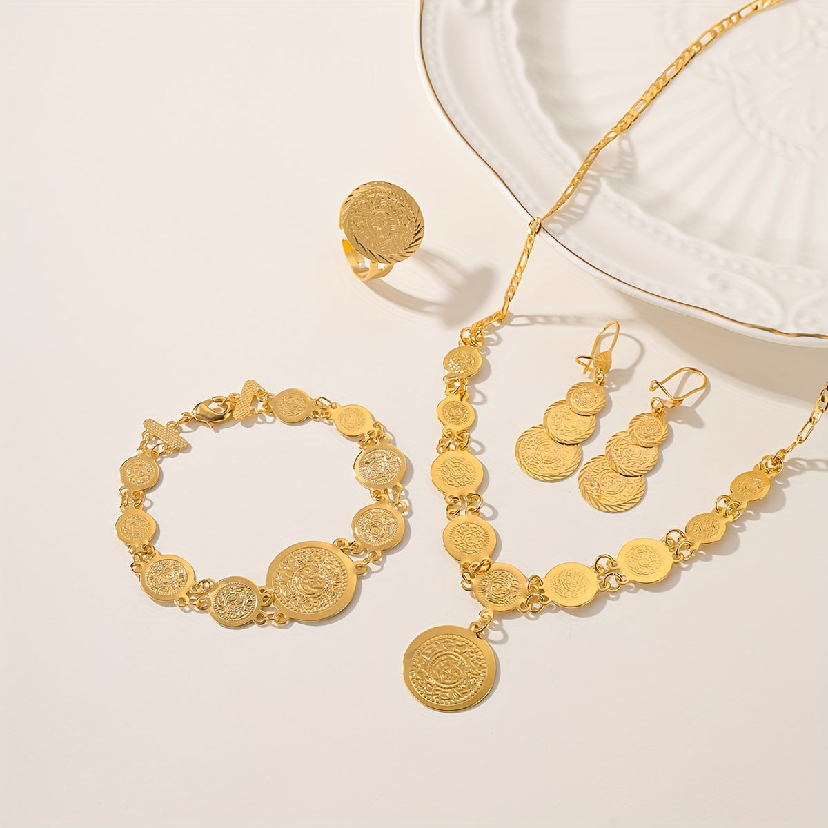 Vintage coin jewelry set with 18K plating, including a fashionable copper necklace, earrings, ring, and bracelet combo. Features an exquisite retro charm, perfect for casual daily wear as a universal season accessory.