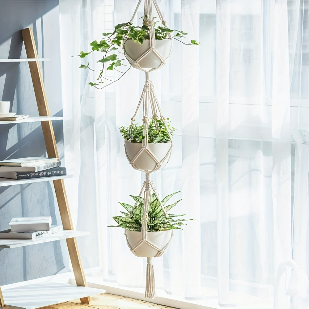 Macrame double plant hanger, indoor/outdoor use, 2 or 3 tier, cotton rope with beads, lengths 124.46 cm/177.8 cm.