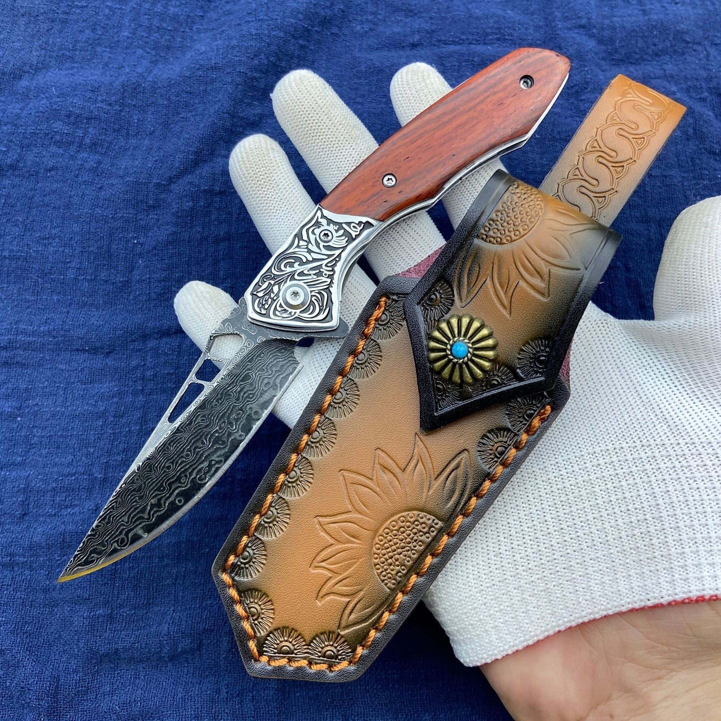 Leather Sheath for Damascus Folding Knife, Beautiful Sunflower Print Design with Convenient Carrying Rope for Easy Transportation