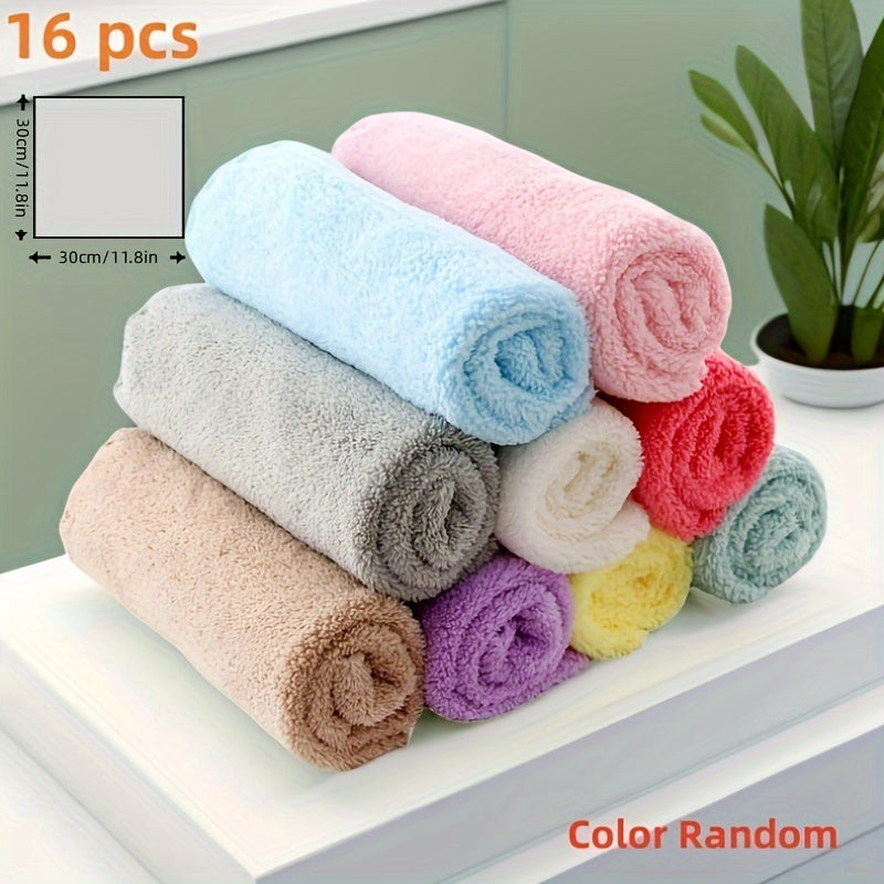 16pcs Coral Fleece Square Towels in 2 Sizes, Super Soft and Absorbent for Bathroom Use.